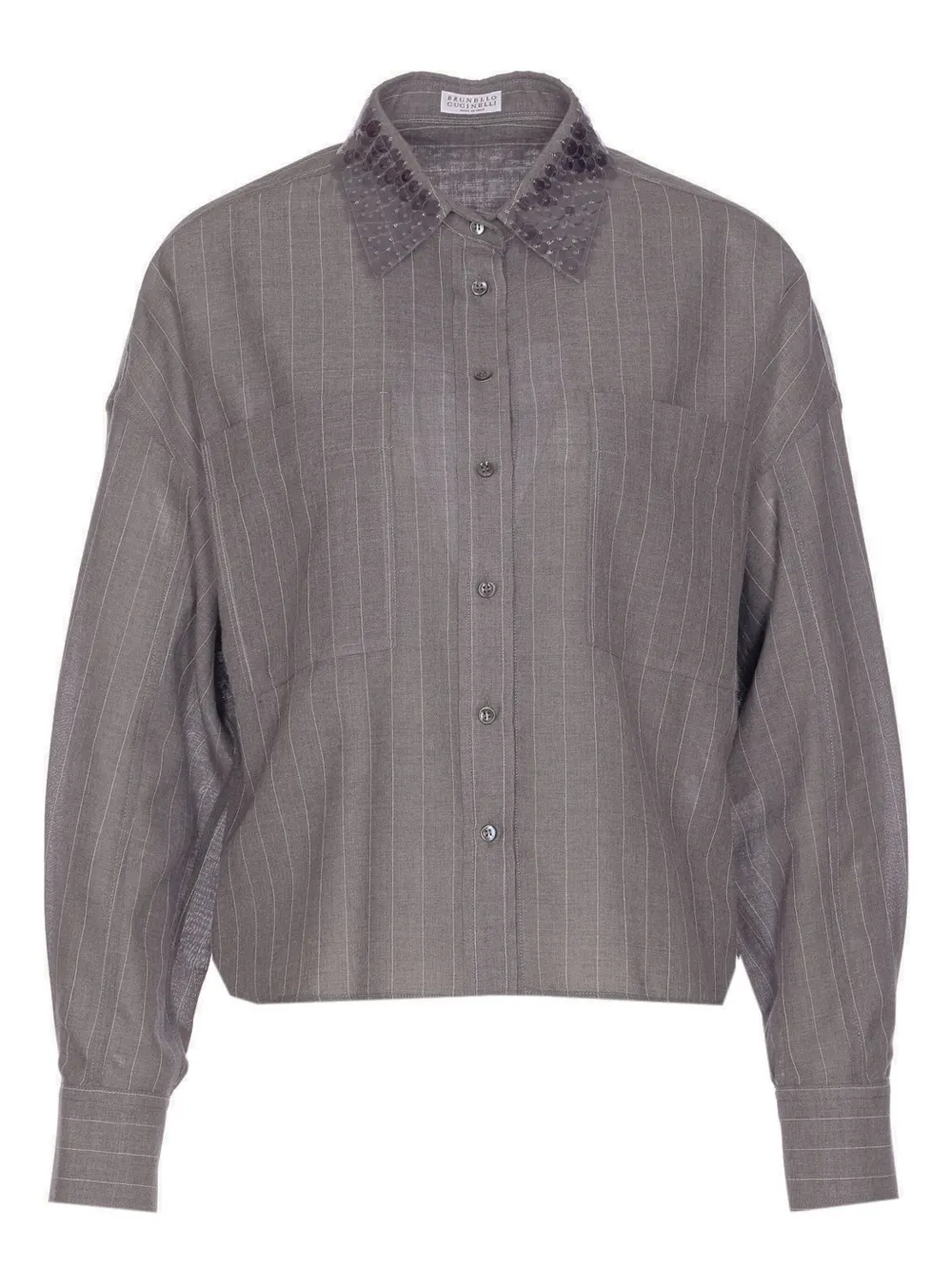 Brunello Cucinelli Pinstripe Sequin-collar Shirt In Gray