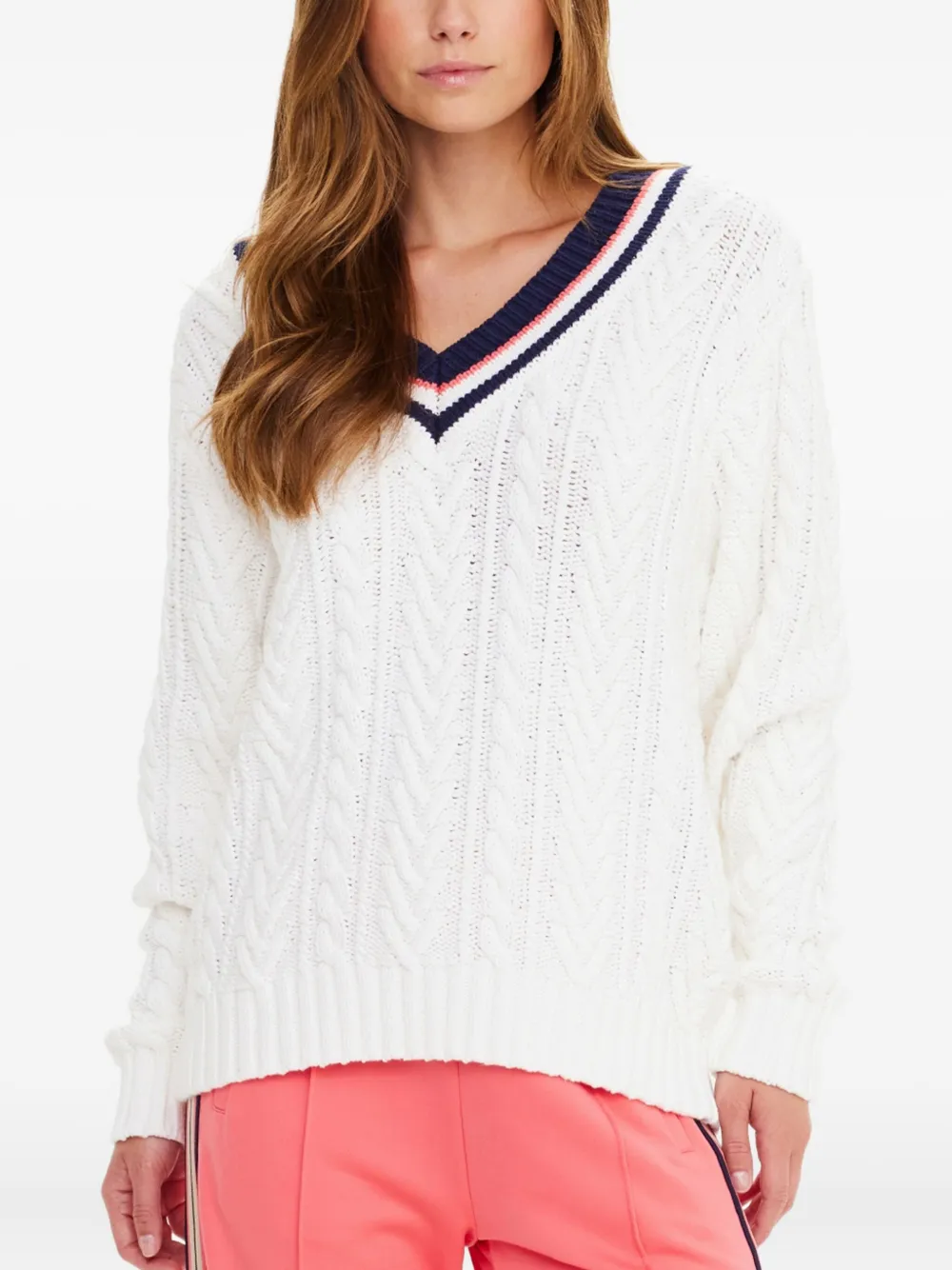 The Upside Espada Louie V-neck Cable-knit Sweater In White