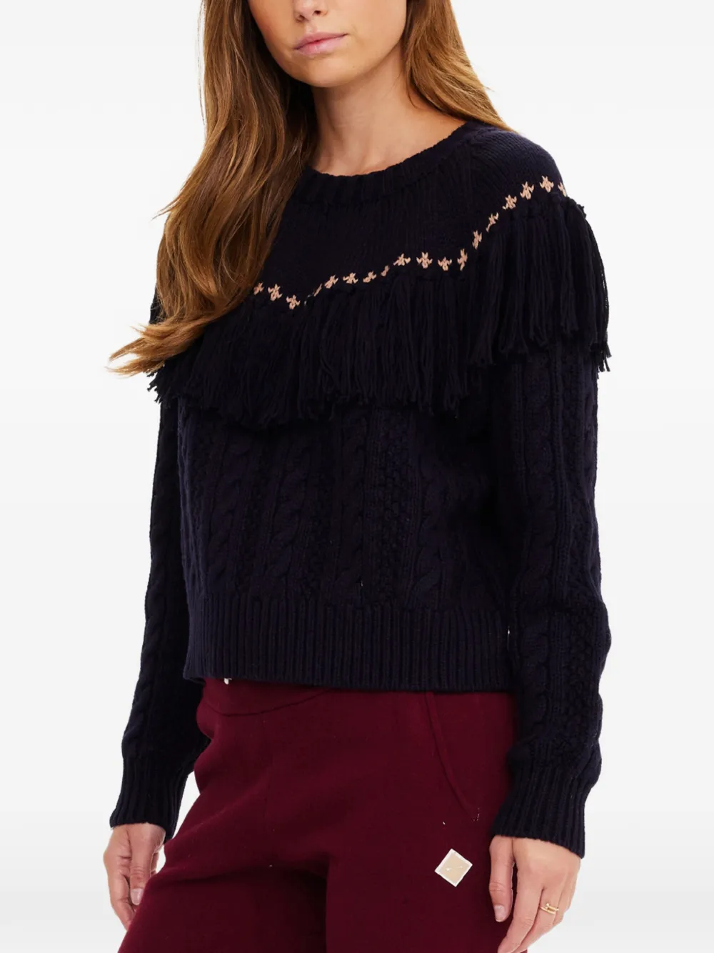 The Upside Clara Tassel Cable Knit Crewneck Sweater In Blue