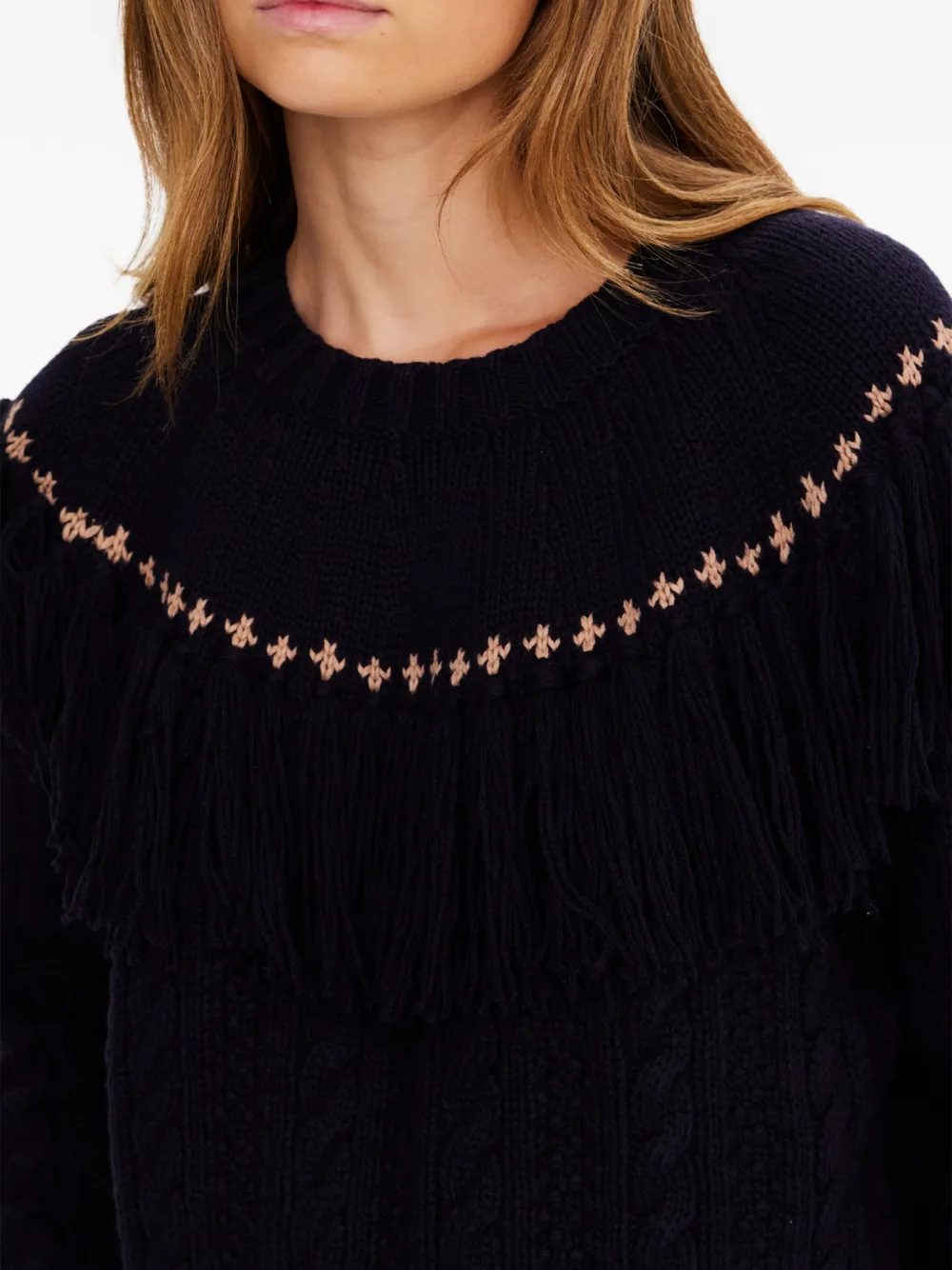 The Upside Clara Tassel Cable Knit Crewneck Sweater In Blue