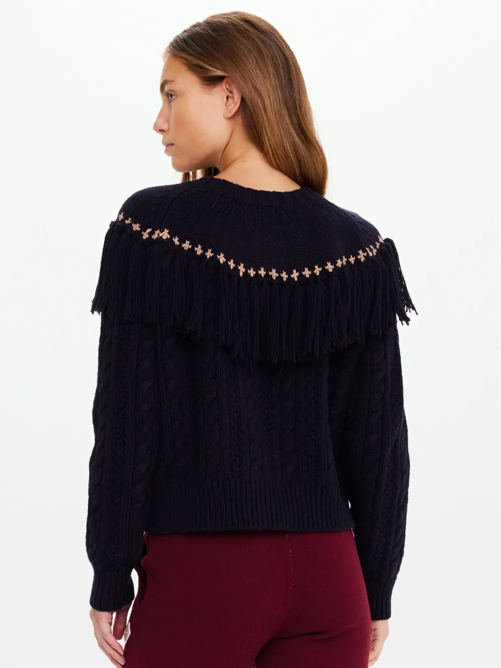 The Upside Clara Tassel Cable Knit Crewneck Sweater In Blue