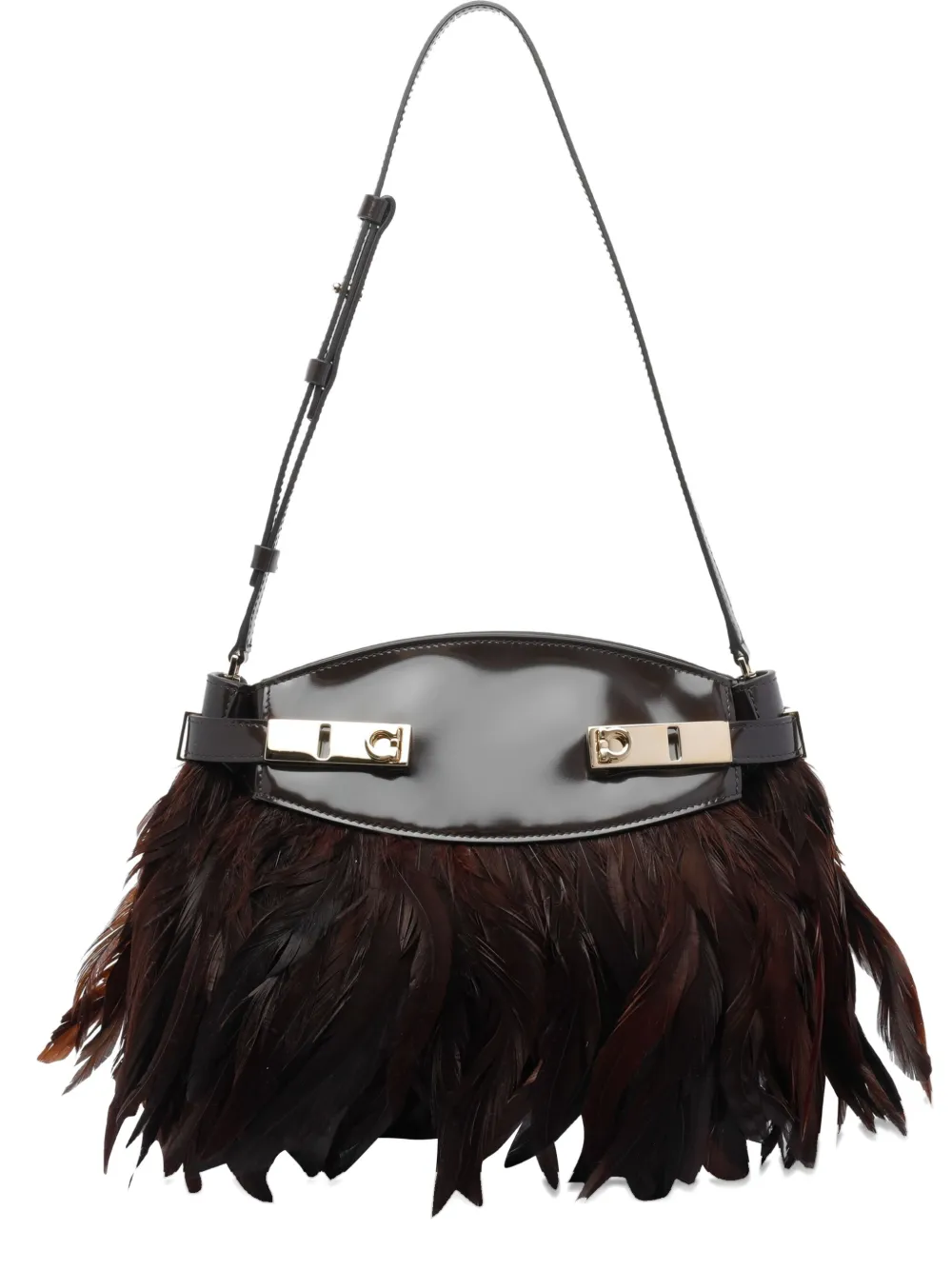 Ferragamo Hug Soft Feather-trimmed Leather Shoulder Bag In Brown