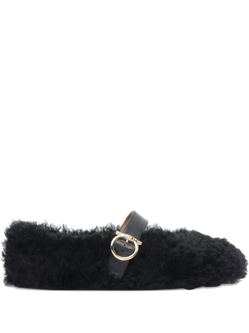 Ferragamo shearling buckle flat pumps - ブラック Ferragamo shearling buckle flat pumps - ブラック