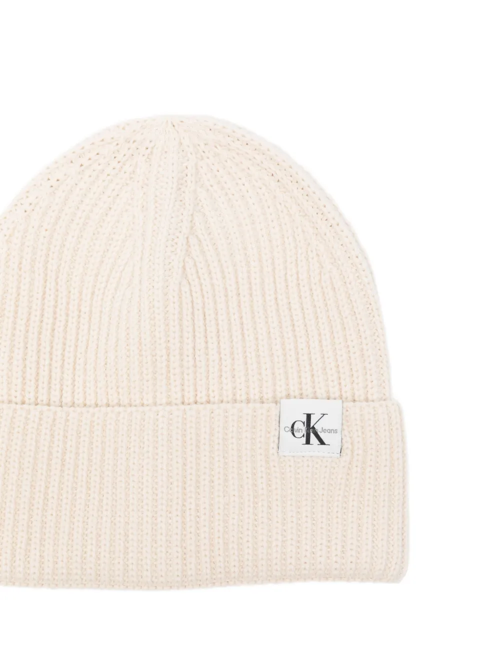 Calvin Klein Ribbed Logo Beanie In Neutral