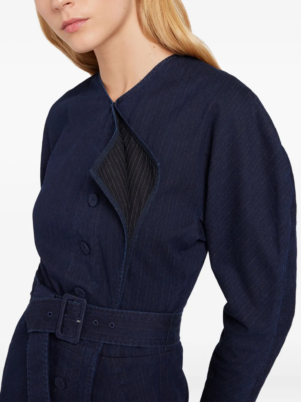 Ports 1961 Chic midi-jurk met krijtstreep en ceintuur Blauw