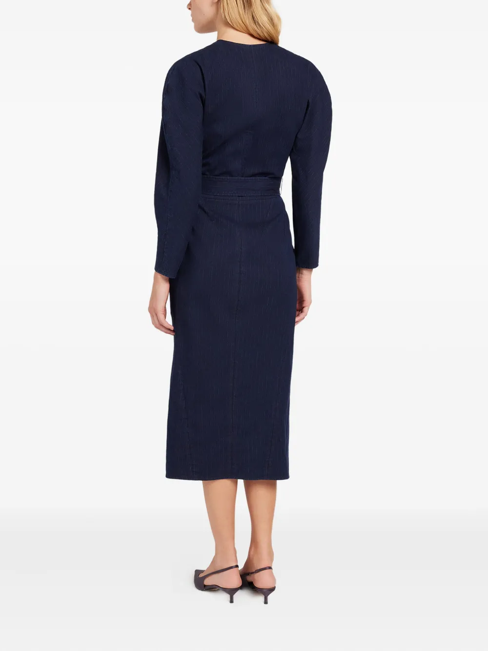 Ports 1961 Chic midi-jurk met krijtstreep en ceintuur Blauw