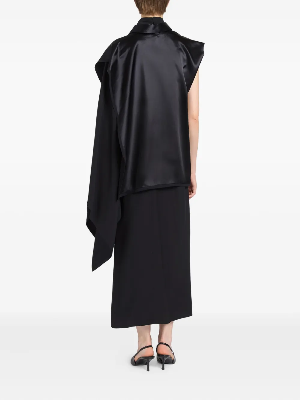 Satin-Paneled Draped Midi Dress