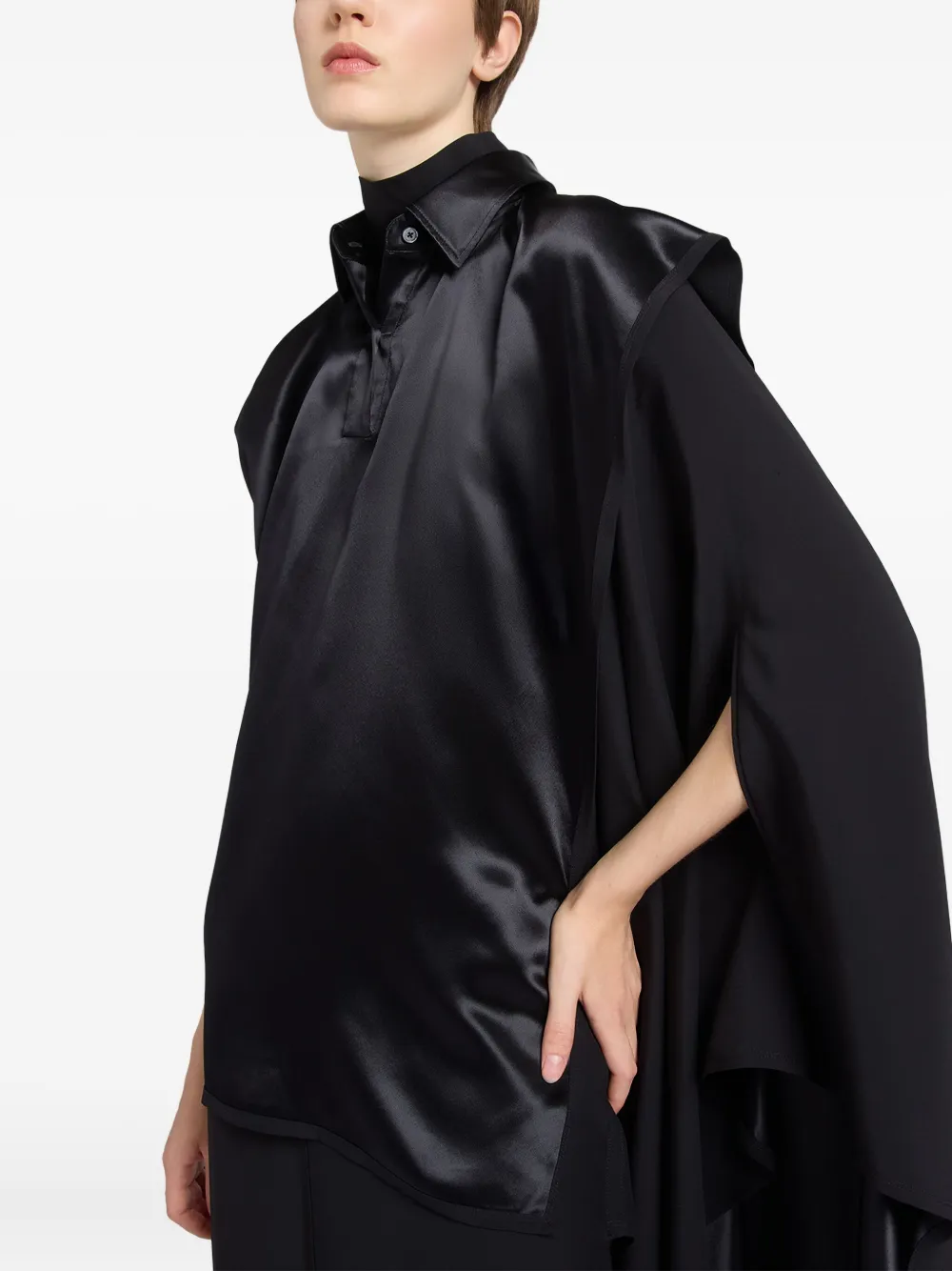 Satin-Paneled Draped Midi Dress