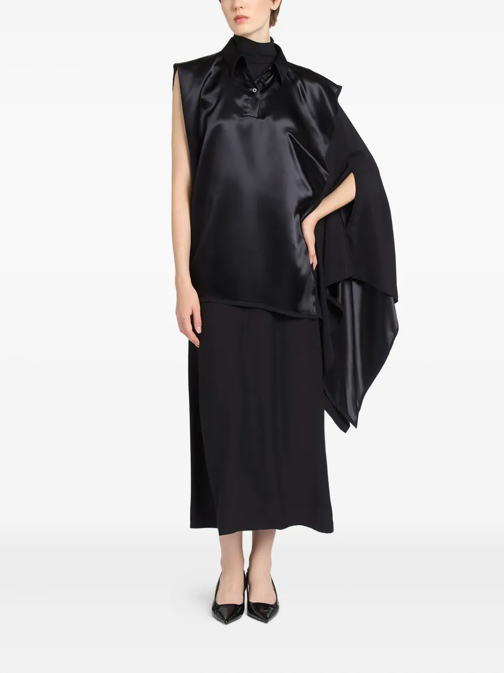 Satin-Paneled Draped Midi Dress