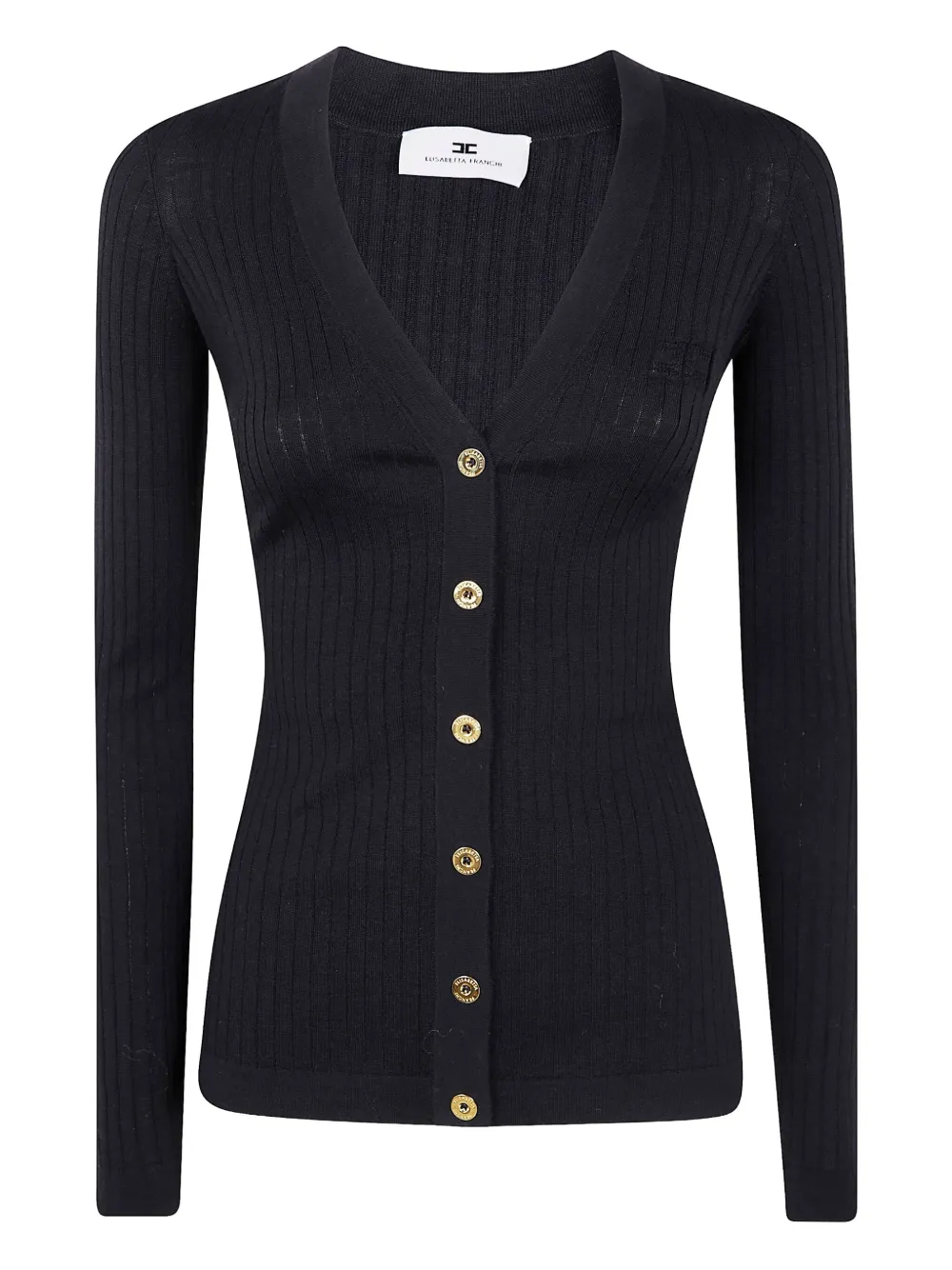 Elisabetta Franchi Ribbed Gold-button Cardigan In Black