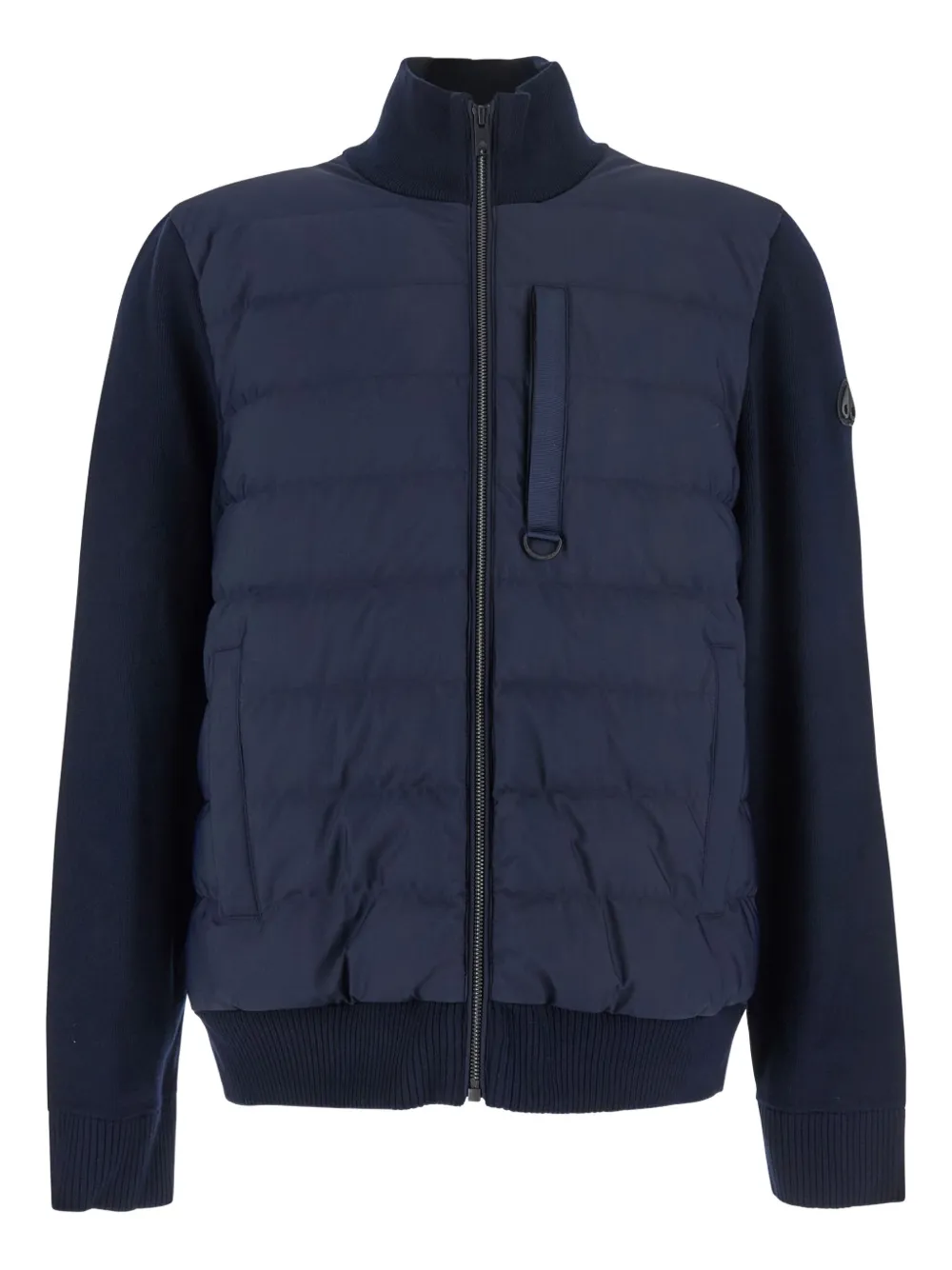 Moose Knuckles Blue Cardigan With Knitted Inserts And Logo Patch On Sleeve In Wool And Tech Fabric Blend Man In Blue