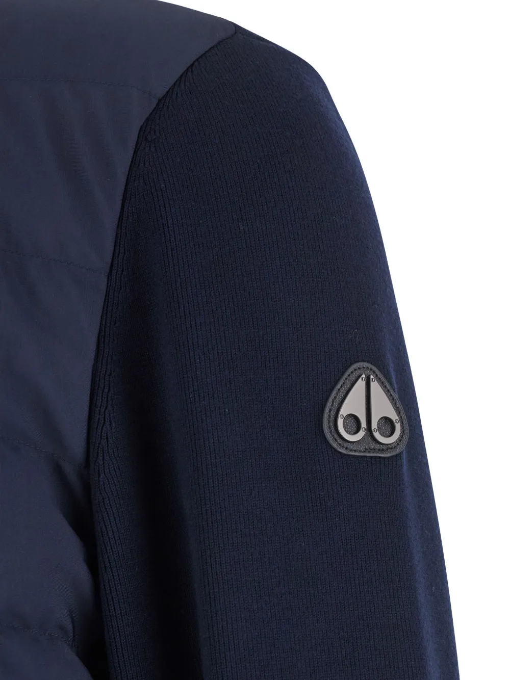 Moose Knuckles Blue Cardigan With Knitted Inserts And Logo Patch On Sleeve In Wool And Tech Fabric Blend Man In Blue