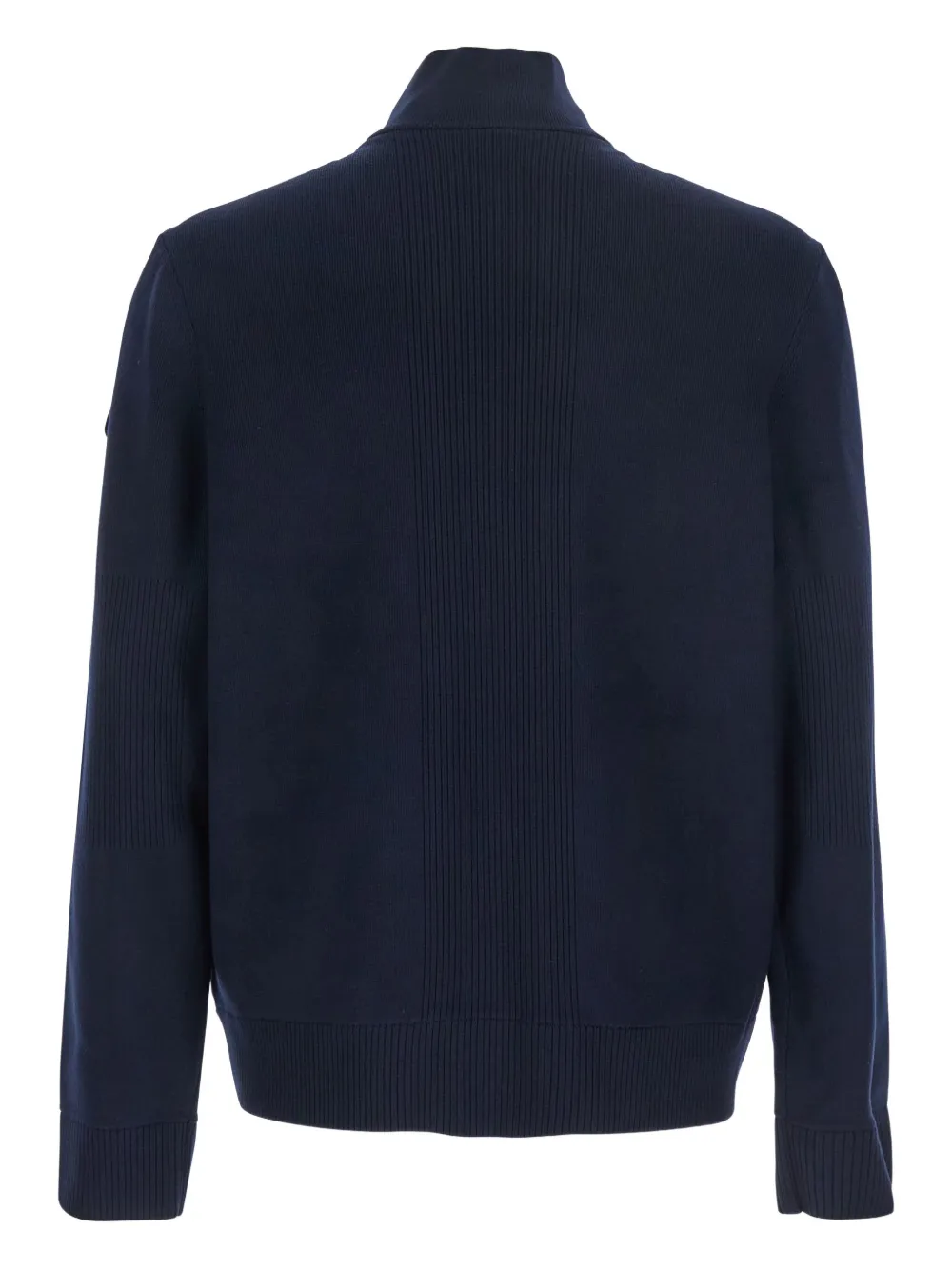 Moose Knuckles Blue Cardigan With Knitted Inserts And Logo Patch On Sleeve In Wool And Tech Fabric Blend Man In Blue