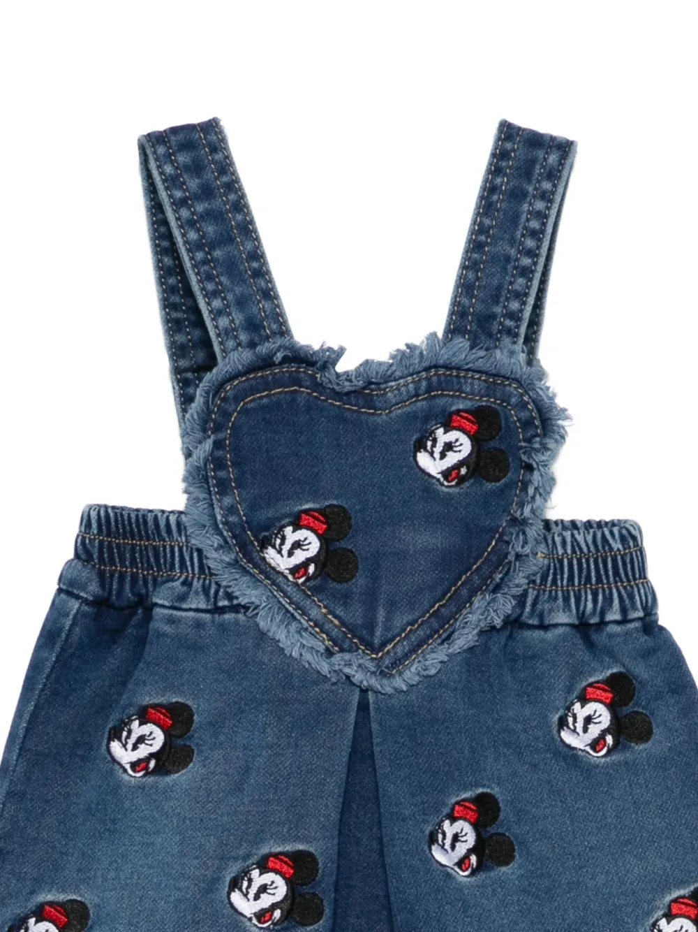Monnalisa Mickey-mouse Heart-shaped Denim Romper In Blue