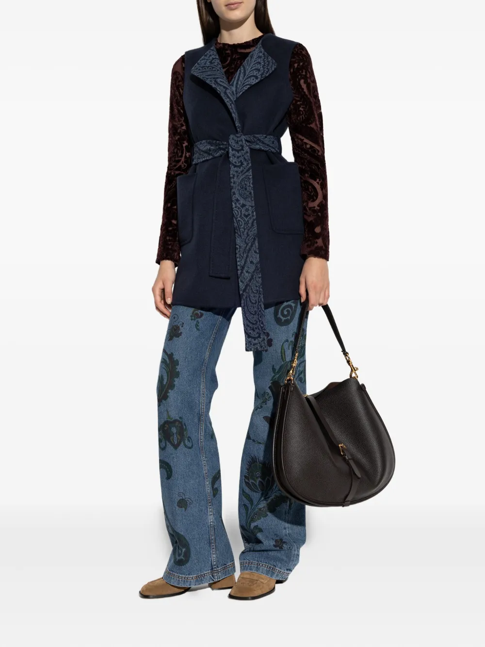 Etro Long Wool And Cashmere Jacquard Waistcoat In Blue