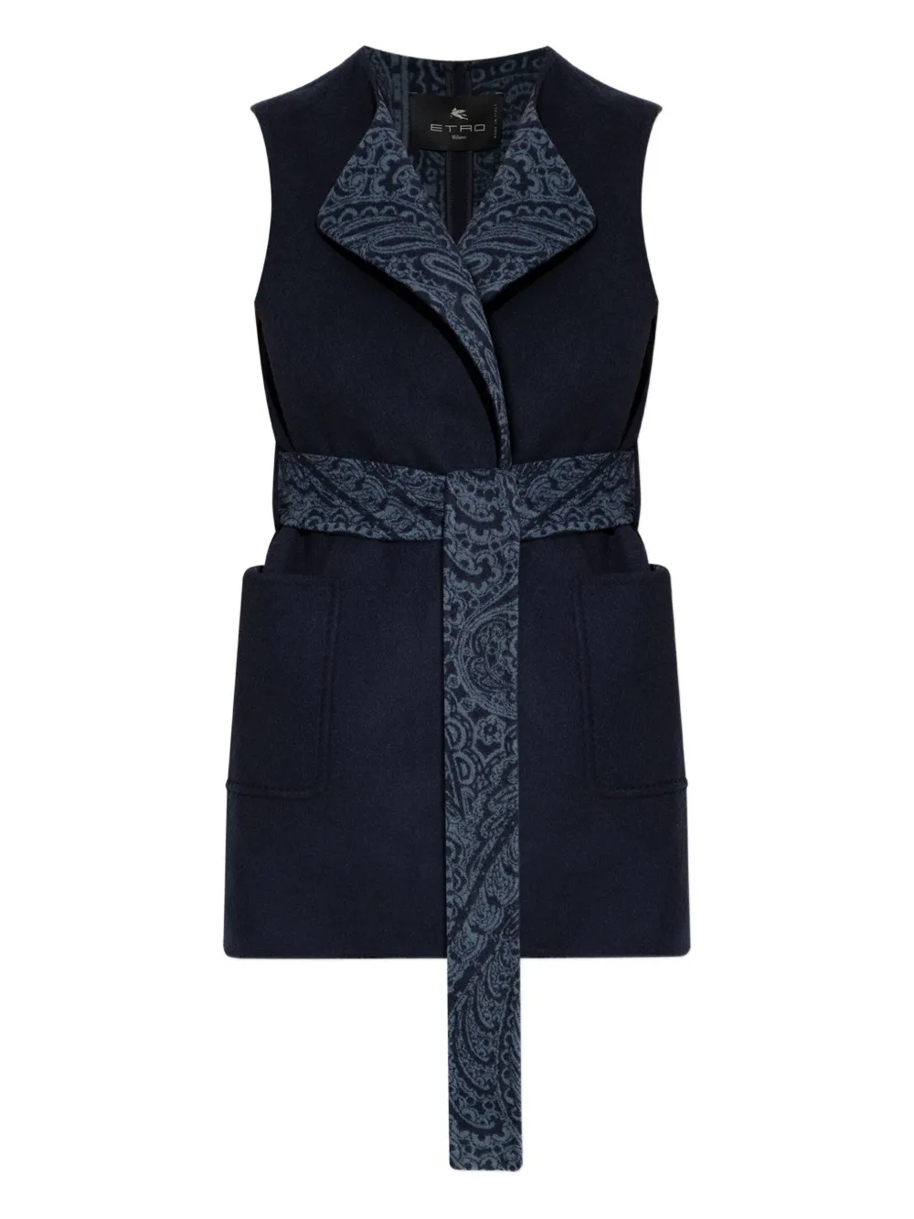 Etro Long Wool And Cashmere Jacquard Waistcoat In Blue