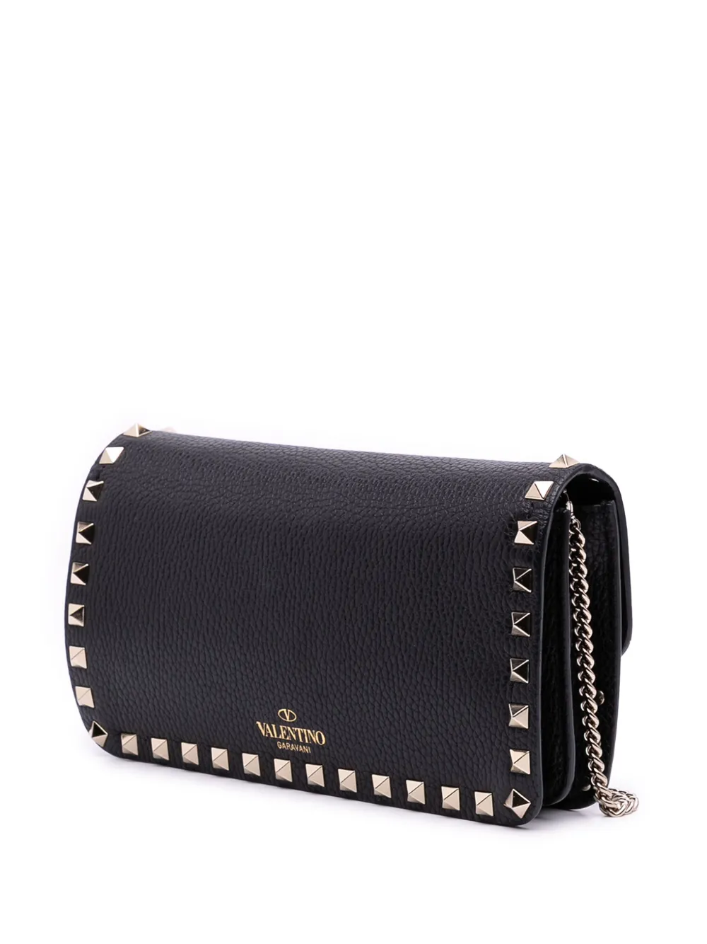 Pre-owned Valentino Garavani 2018-2025 Pebbled Calfskin Rockstud Wallet On Chain Crossbody Bag In Black