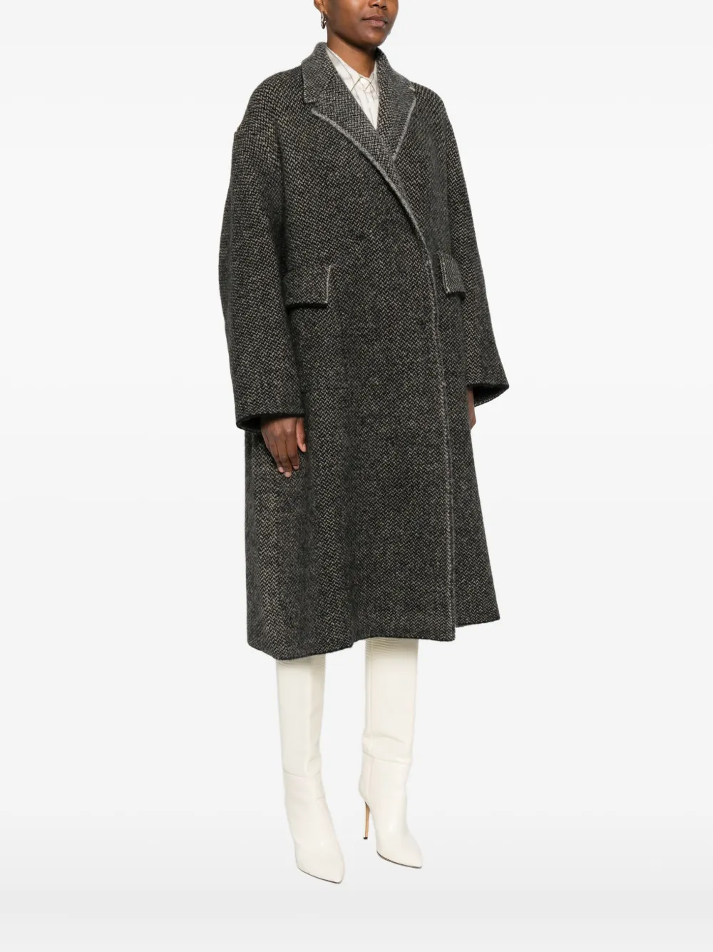 Boboutic Patch-pocket Herringbone Coat In Black