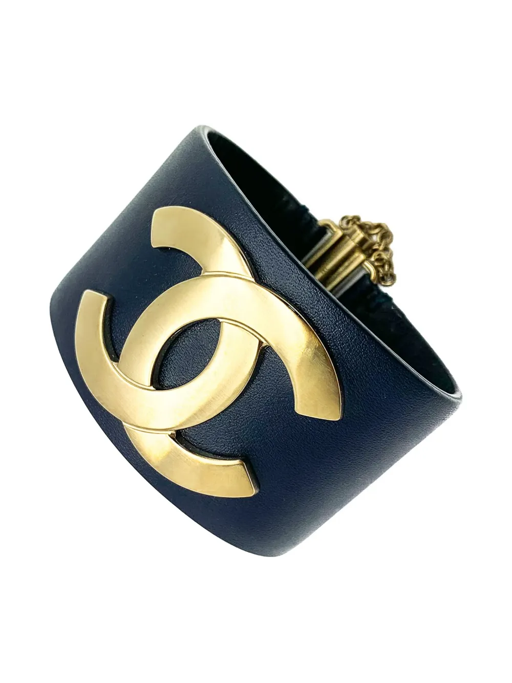 Pre-owned Chanel 2017 Leather Interlocking Cc Logo Cuff Bracelet In Gold