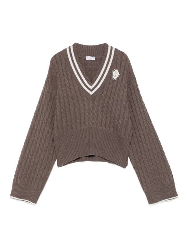 Brunello Cucinelli cable-knit V-neck Sweater | Brown | FARFETCH MY