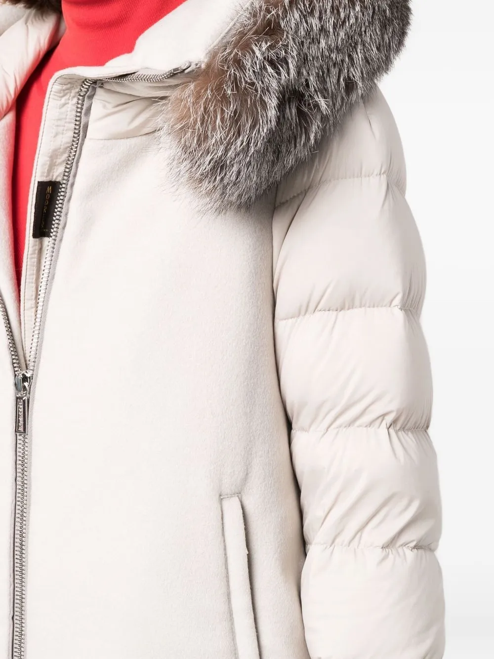 Moorer Padded Marble Jacket With Removable Fur Hood And Exquisite Finish In Neutral