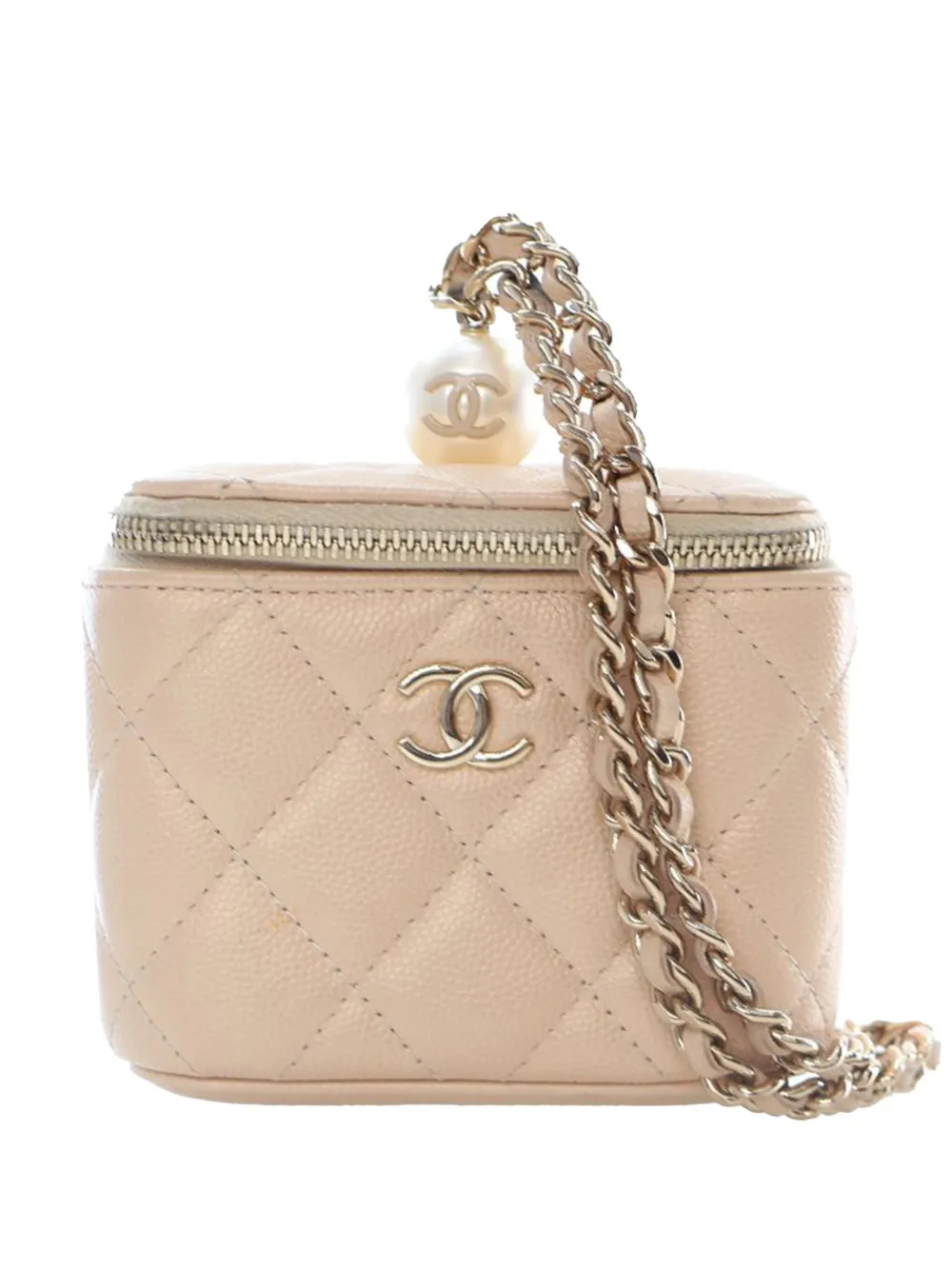 Pre-owned Chanel 2021 Mini Quilted Iridescent Caviar Pearl On Top Vanity Case With Chain Clutch Bag In Brown
