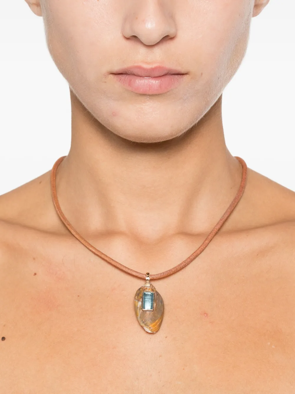 Dezso 18k Rose Gold Fossilized Shell Aquamarine Necklace In Pink
