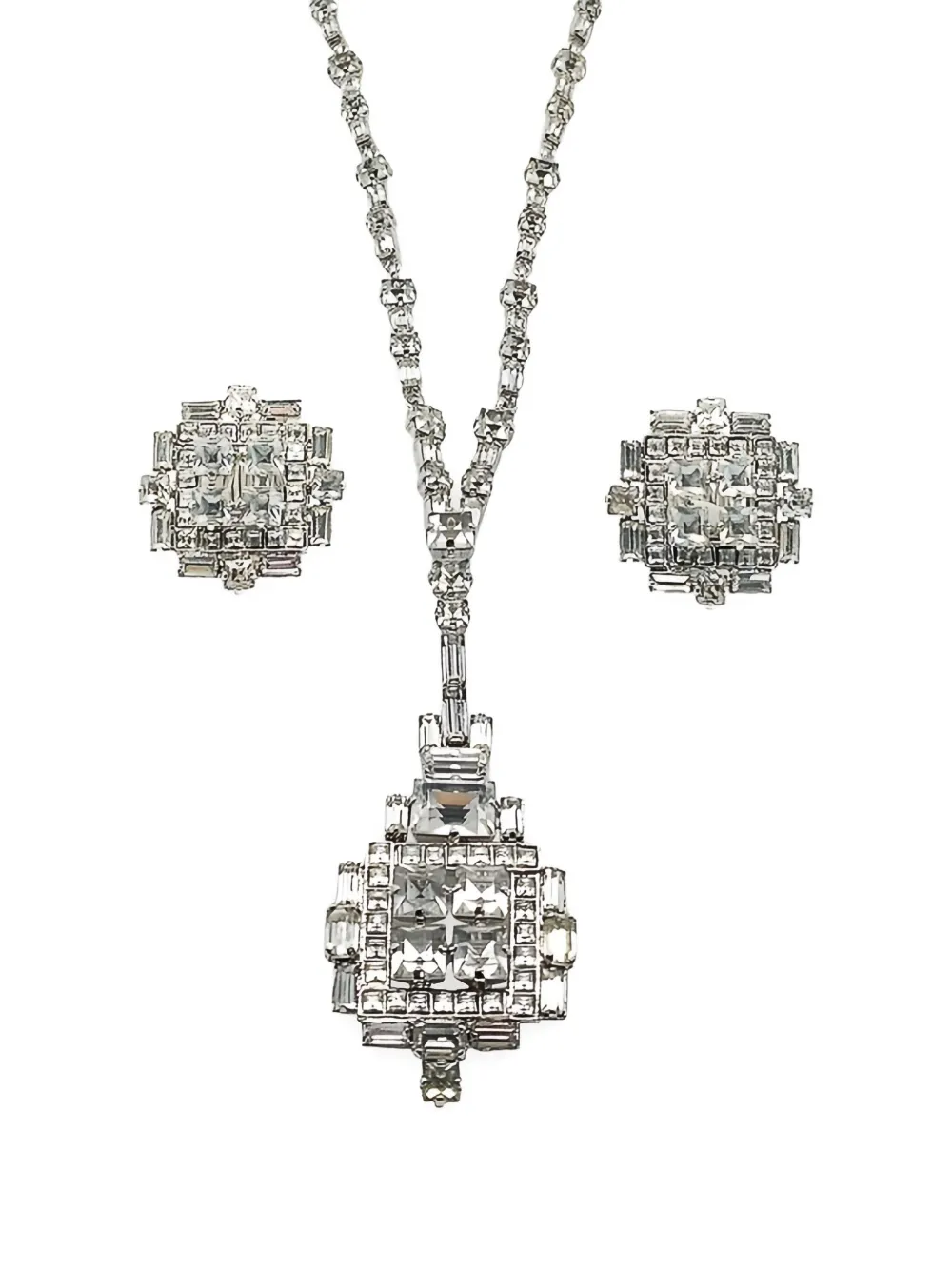 DIOR Pre-owned 1970s Art Deco Pendant Necklace And Earrings Set In Silver