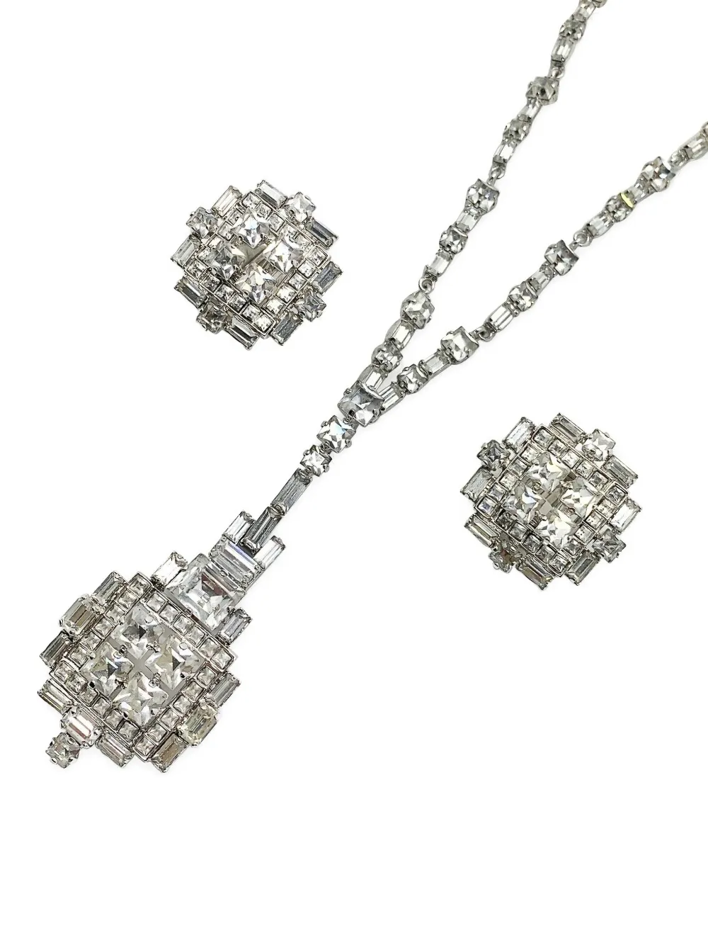 DIOR Pre-owned 1970s Art Deco Pendant Necklace And Earrings Set In Silver