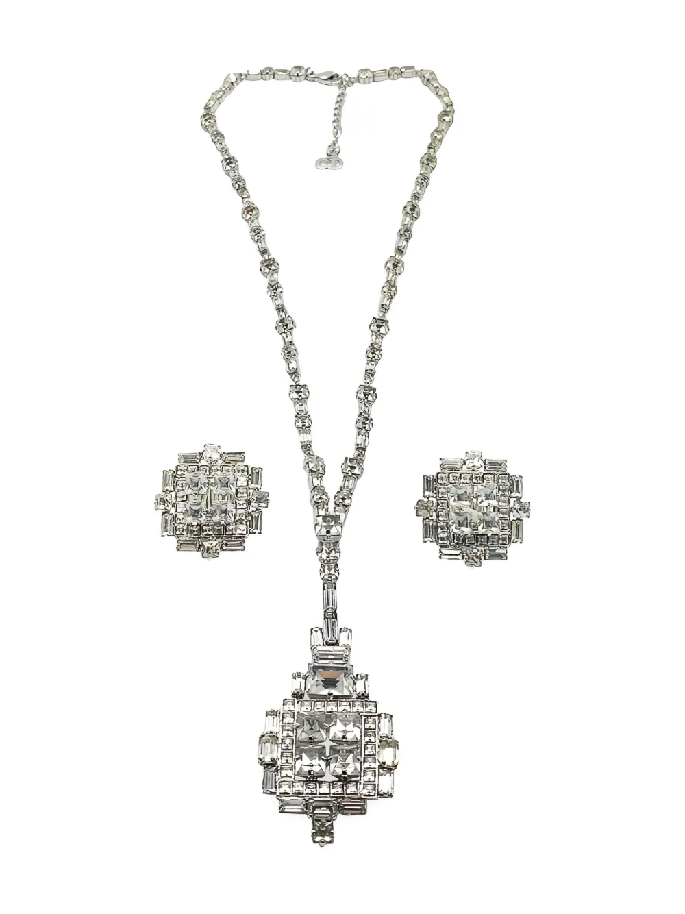DIOR Pre-owned 1970s Art Deco Pendant Necklace And Earrings Set In Silver