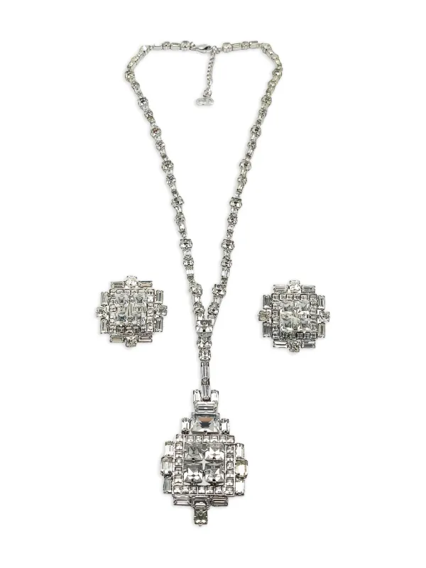 Dior Pre-owned 1970s Art Deco Pendant Necklace and Earrings Set in Silver