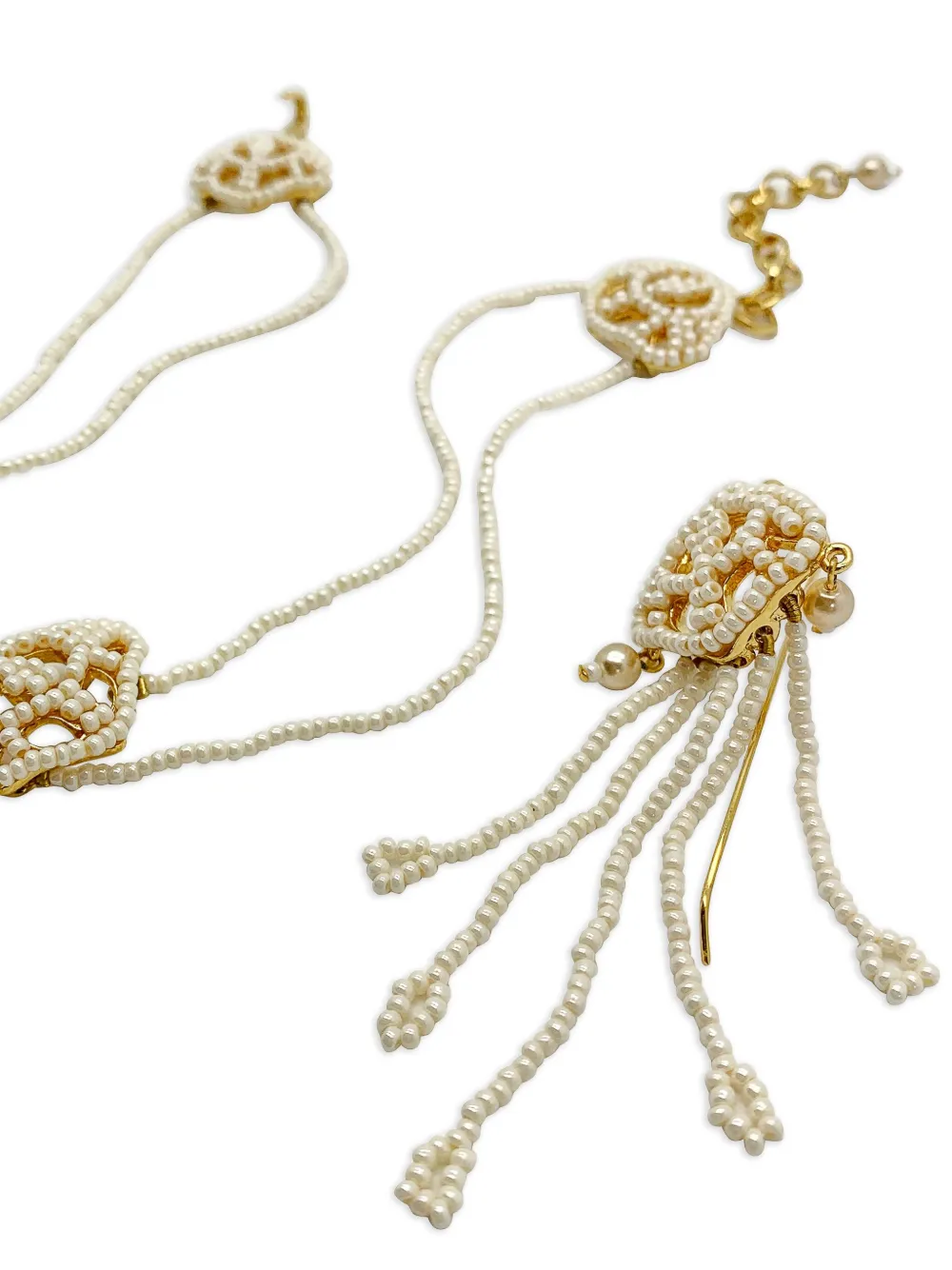 Pre-owned Dior Seed Pearl Choker Necklace Earrings Set In Gold