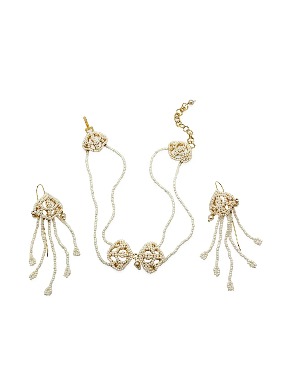 Pre-owned Dior Seed Pearl Choker Necklace Earrings Set In Gold