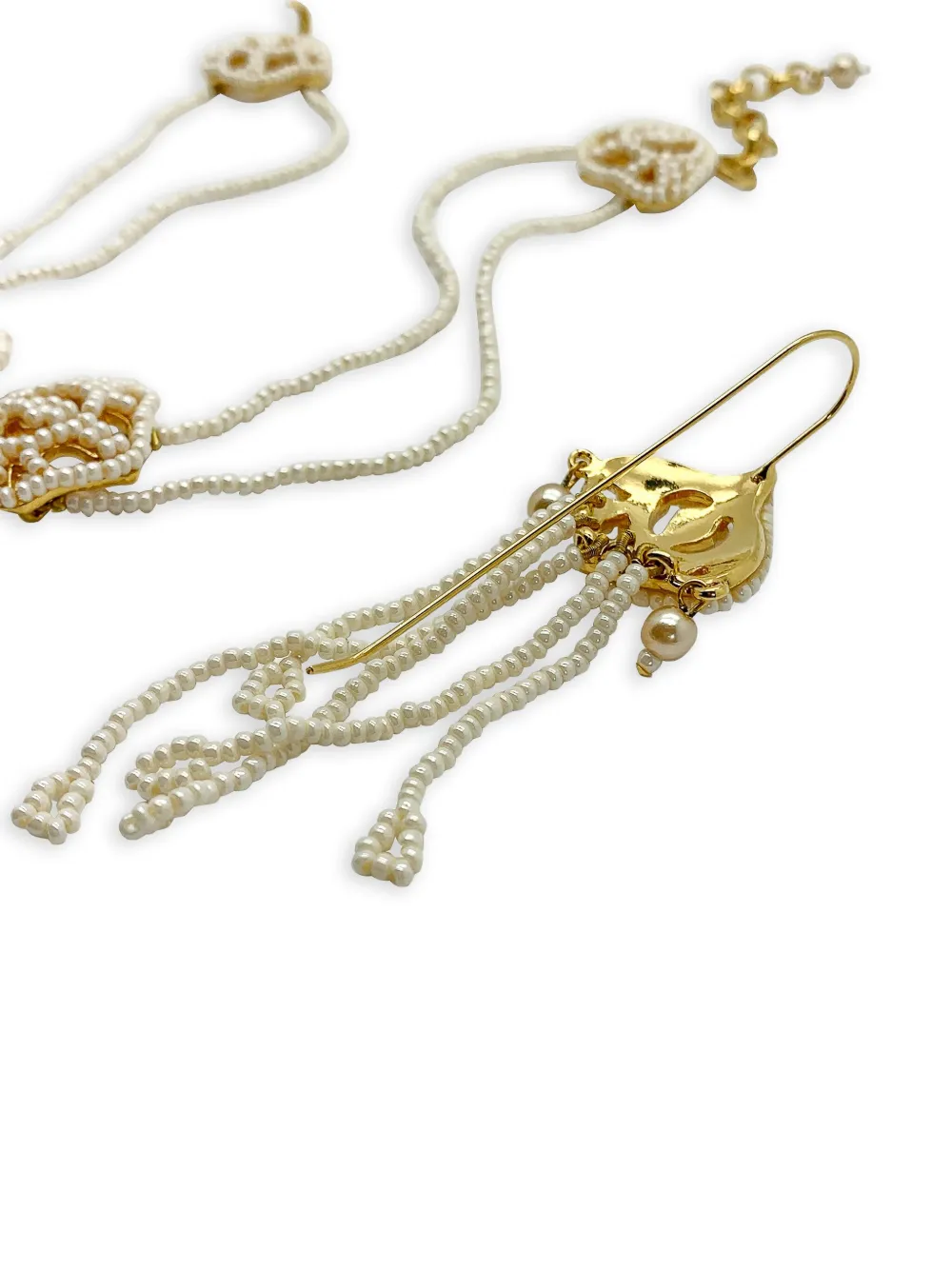 Pre-owned Dior Seed Pearl Choker Necklace Earrings Set In Gold