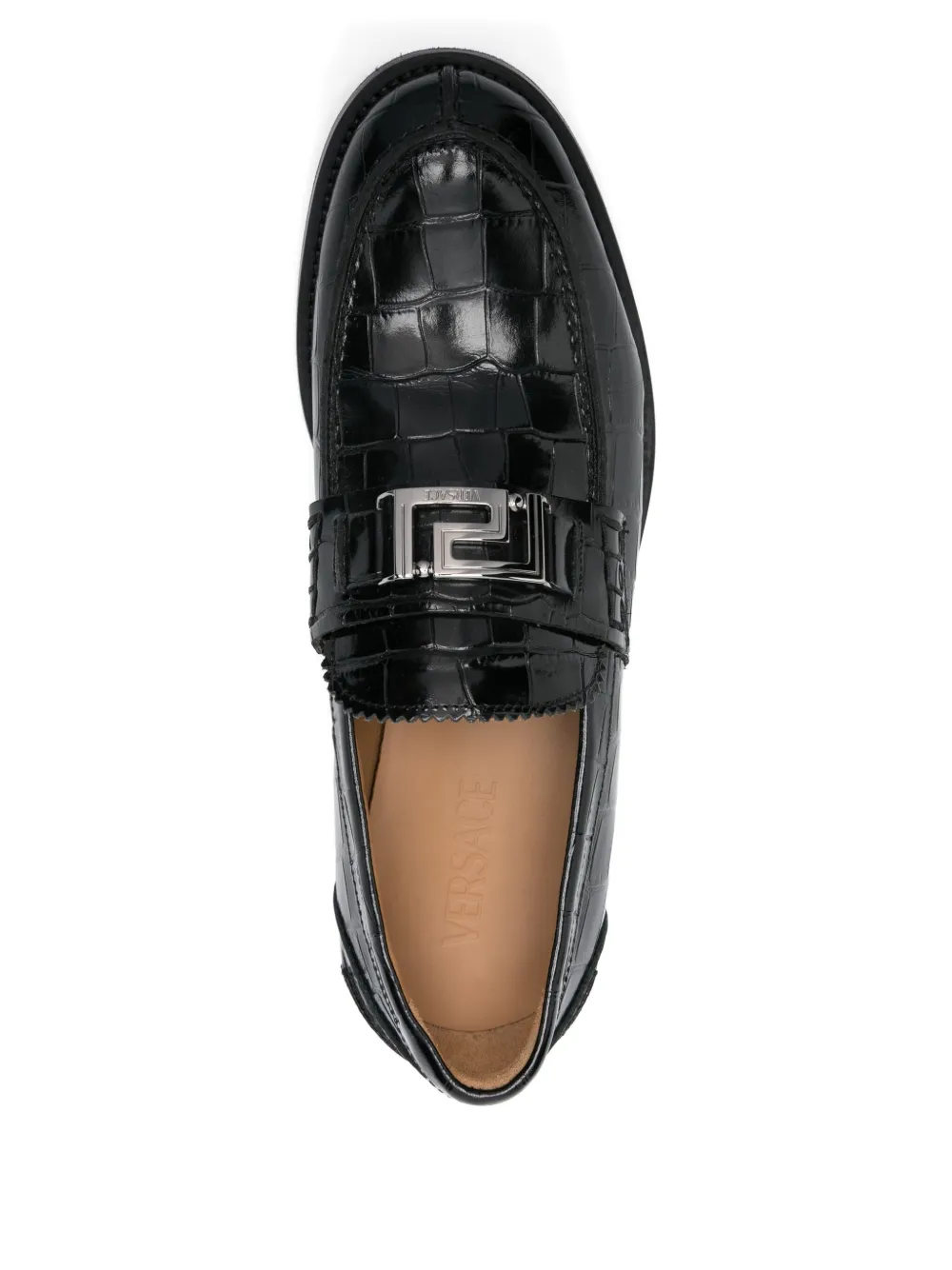 Pre-owned Versace Greca Crocodile-effect Loafers In Black