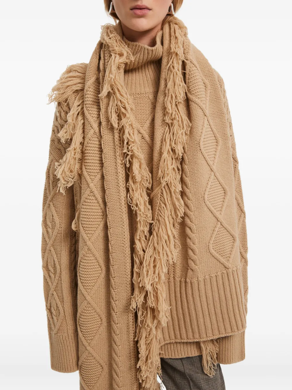 AERON Kabelgebreide sjaal met franje - Beige