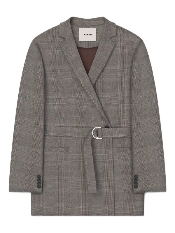 AERON Checked Belted Blazer Grey FARFETCH IN