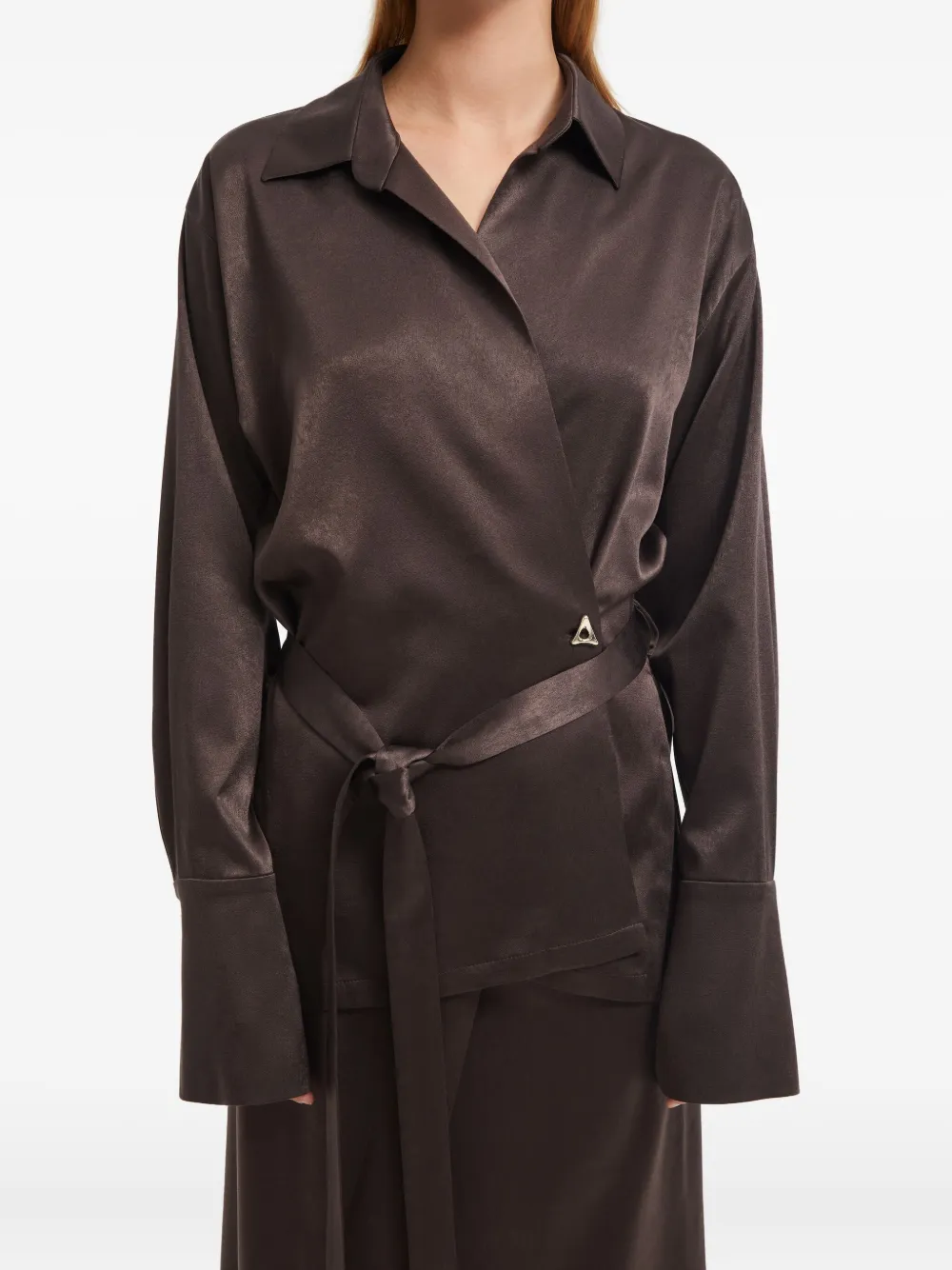 Aeron Wrap-front Satin Shirt In Brown