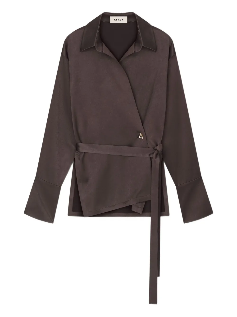 Aeron Wrap-front Satin Shirt In Brown