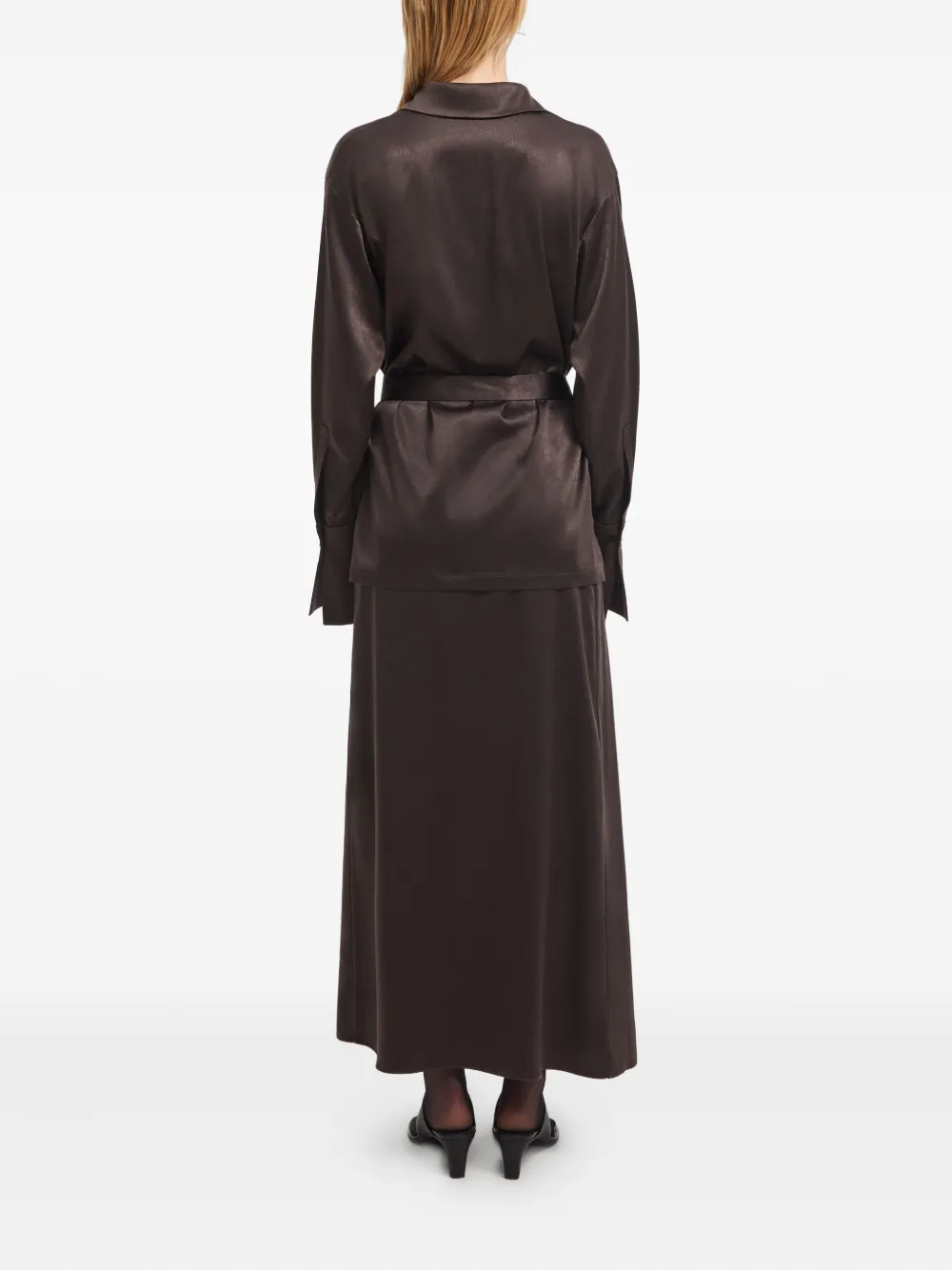 Aeron Wrap-front Satin Shirt In Brown
