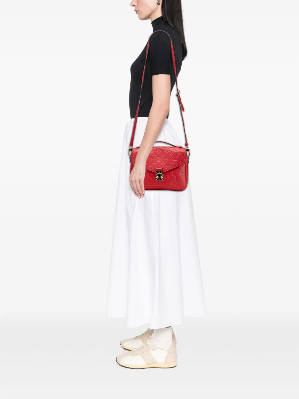 Pre-owned Louis Vuitton 2017 Monogram Empreinte Pochette Metis Satchel In Red