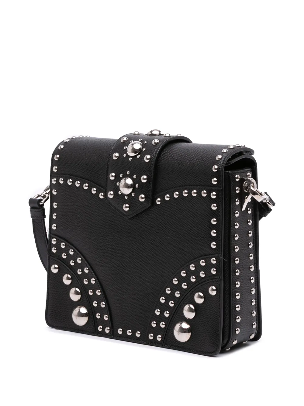 Pre-owned Prada 2000-2025 Saffiano Studded Turn Lock Top Handle Bag Satchel In Black