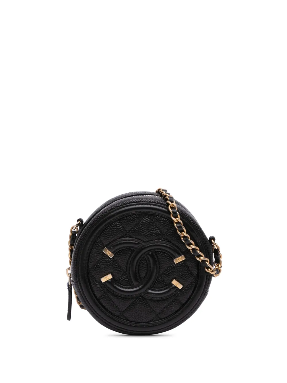 CHANEL Pre-Owned 2019 Caviar CC Filigree Round Clutch with Chain CHANEL Pre-Owned 2019 Caviar CC Filigree Round Clutch with Chain