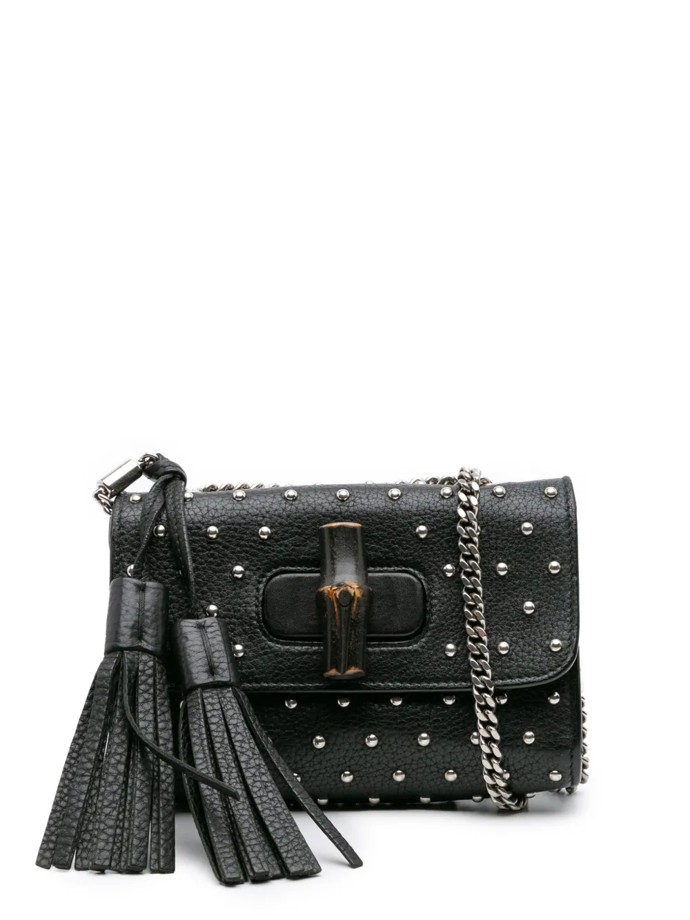 Pre-owned Gucci 2016-2025 Small Leather Studded Miss Bamboo Crossbody Bag In Black