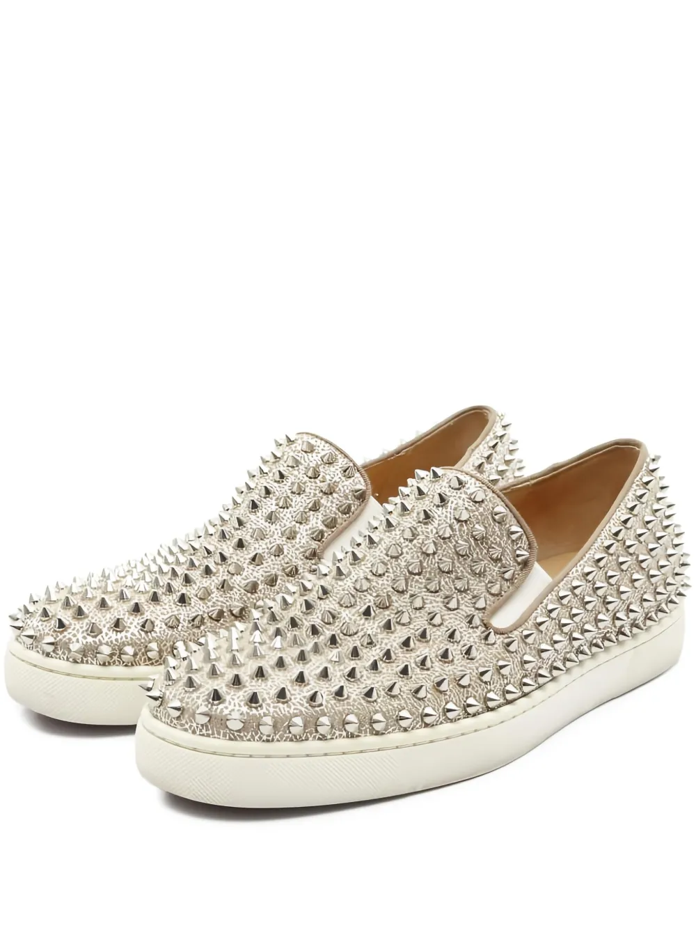 Pre-owned Christian Louboutin Roller Spike-studded Slip-ons In Neutral