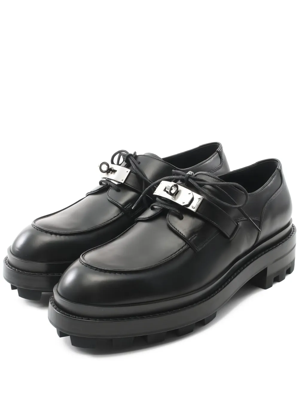 Pre-owned Hermes Lace-up Leather Derby Shoes In Black