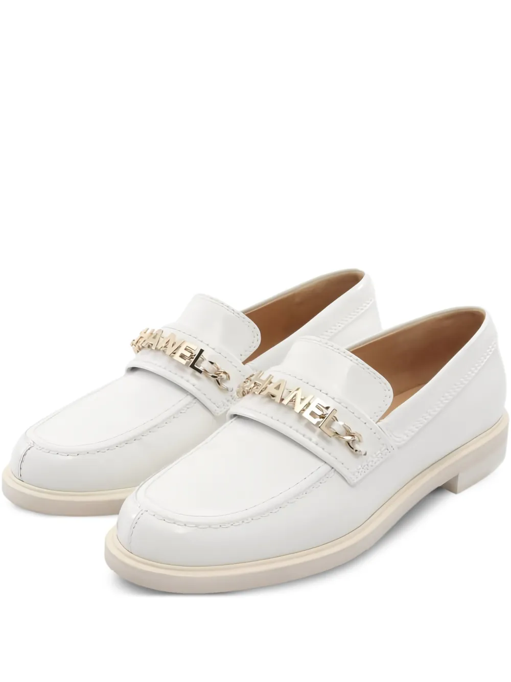 Pre-owned Chanel Logo-chain Leather Loafers In White