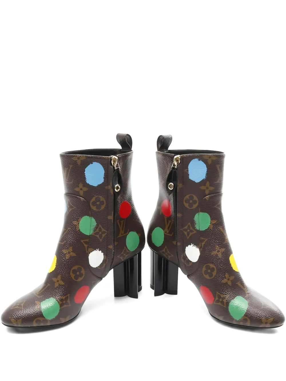 Pre-owned Louis Vuitton X Yayoi Kusama 85mm Monogram Polka-dot Ankle Boots In Brown