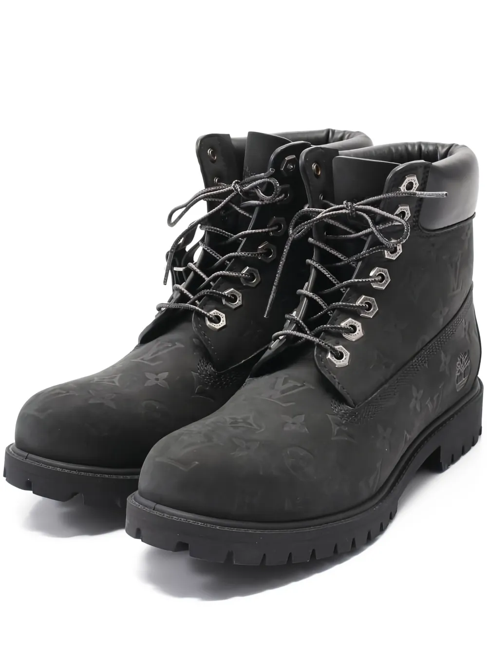 Pre-owned Louis Vuitton X Timberland Monogram-embossed Leather Ankle Boots In Black