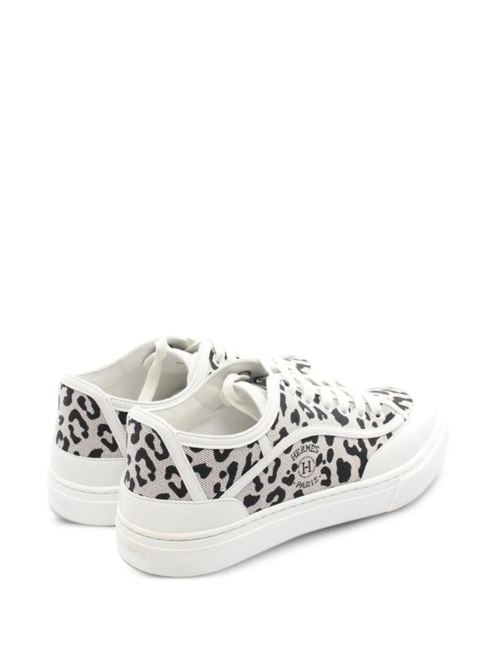 Pre-owned Hermes Leopard-print Canvas Sneakers In White